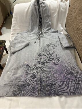 Gray Zip Hoodie with Purple Floral Print. 100 cotton. Very cosy & comfortable.
